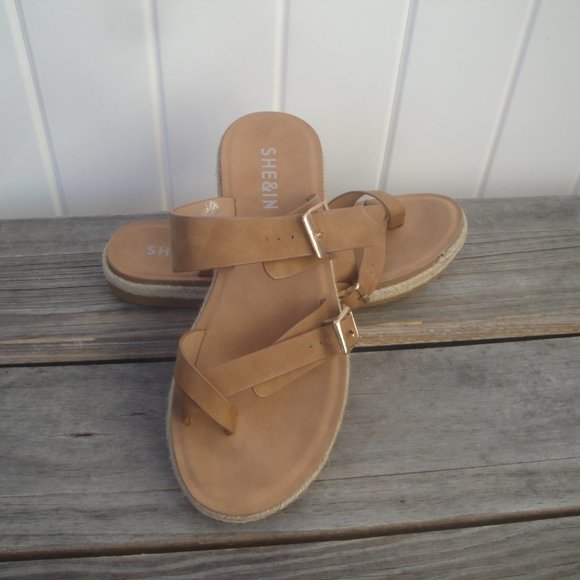 SHEIN Shoes Shein Slide On Sandals Tan With Toe Ring And Two Gold